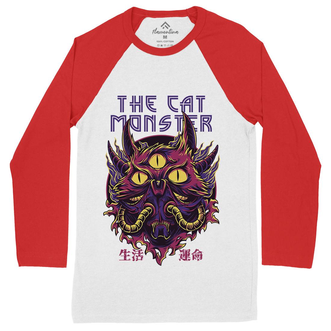 Cat Monster Mens Long Sleeve Baseball T-Shirt Horror D848