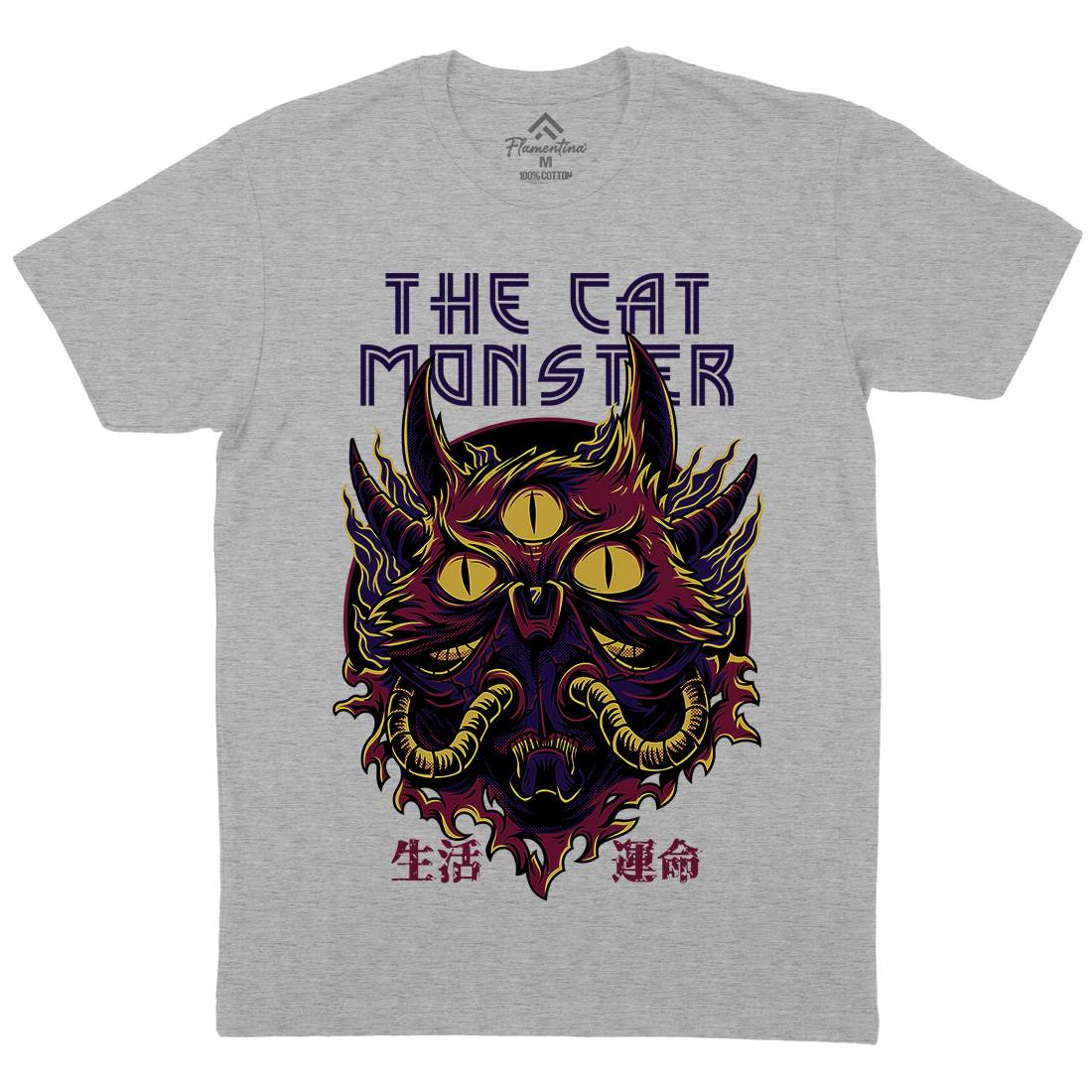 Cat Monster Mens Organic Crew Neck T-Shirt Horror D848