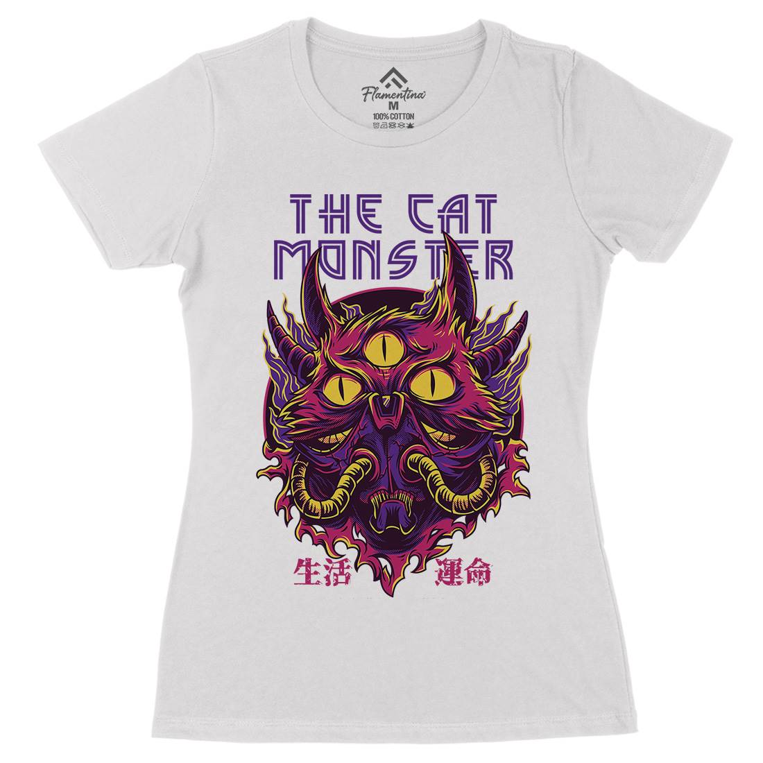 Cat Monster Womens Organic Crew Neck T-Shirt Horror D848