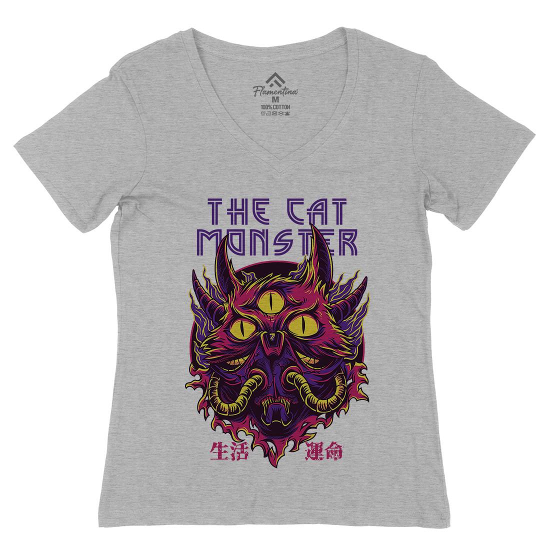 Cat Monster Womens Organic V-Neck T-Shirt Horror D848