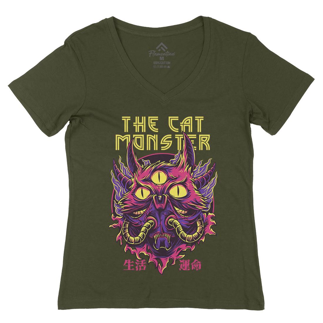 Cat Monster Womens Organic V-Neck T-Shirt Horror D848