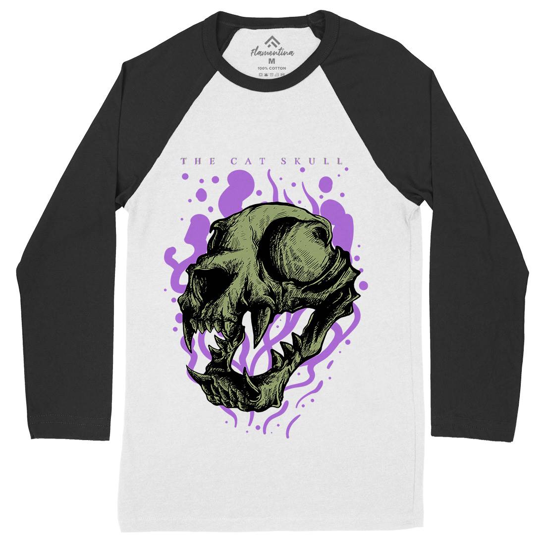 Cat Skull Mens Long Sleeve Baseball T-Shirt Horror D849