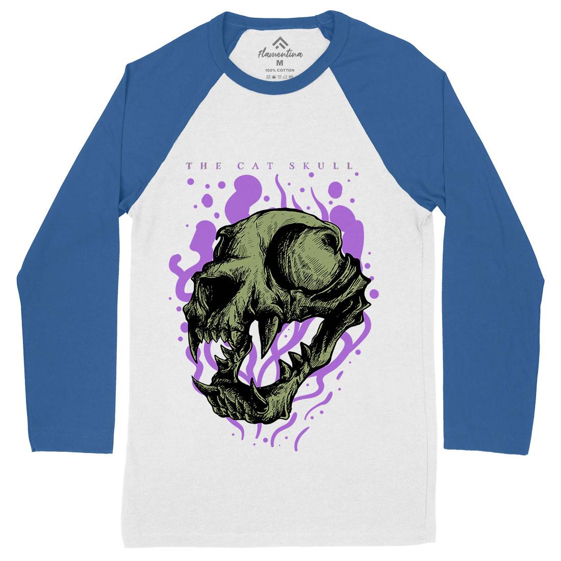 Cat Skull Mens Long Sleeve Baseball T-Shirt Horror D849