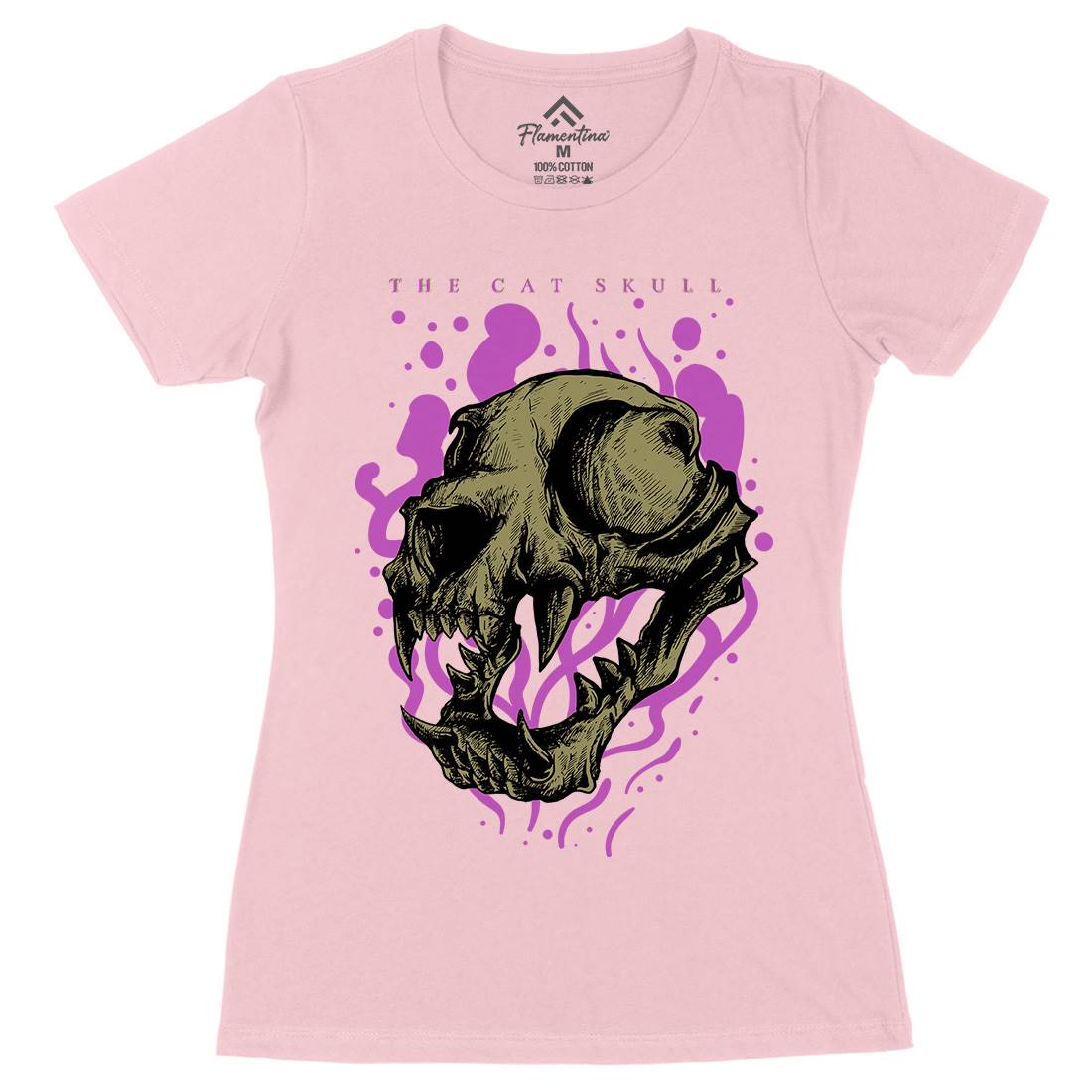 Cat Skull Womens Organic Crew Neck T-Shirt Horror D849