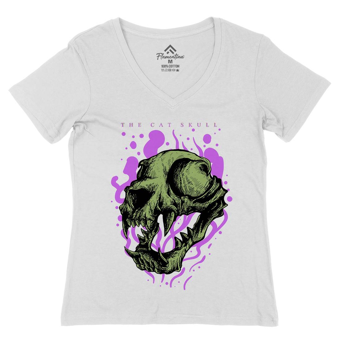 Cat Skull Womens Organic V-Neck T-Shirt Horror D849