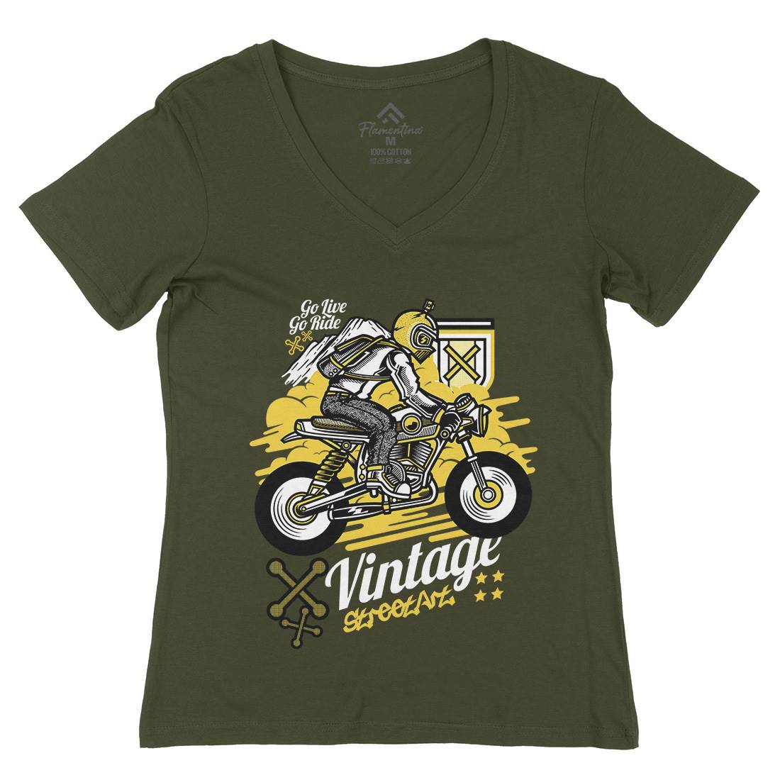 Vintage Rider Womens Organic V-Neck T-Shirt Motorcycles D872