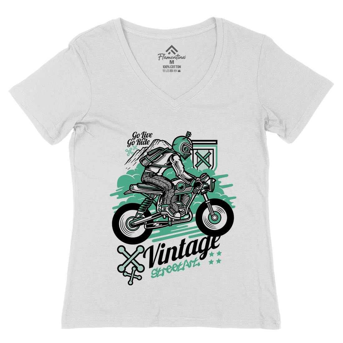 Vintage Rider Womens Organic V-Neck T-Shirt Motorcycles D872