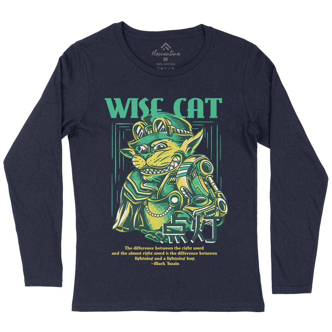 Wise Cat Womens Long Sleeve T-Shirt Animals D884