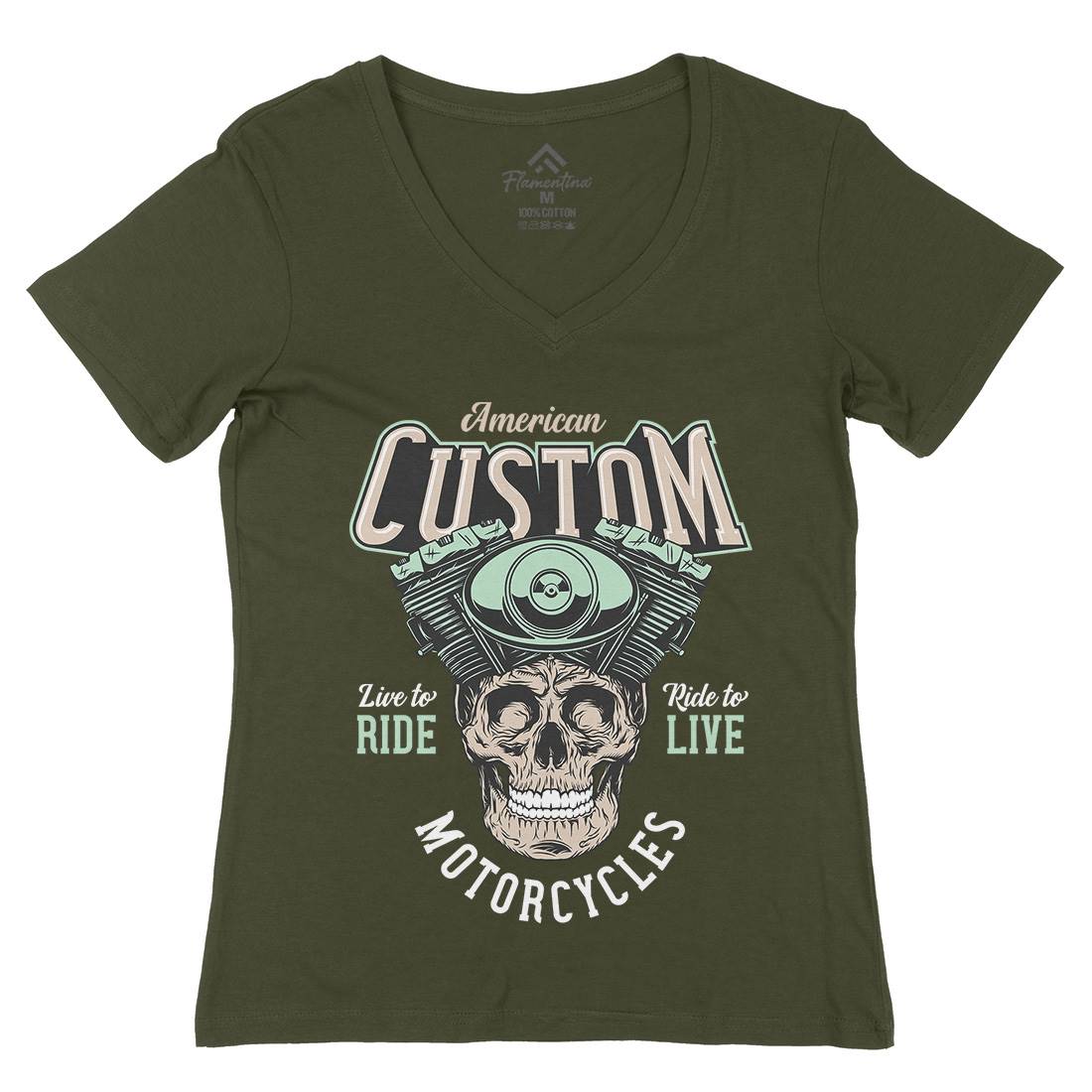American Custom Womens Organic V-Neck T-Shirt Motorcycles D902
