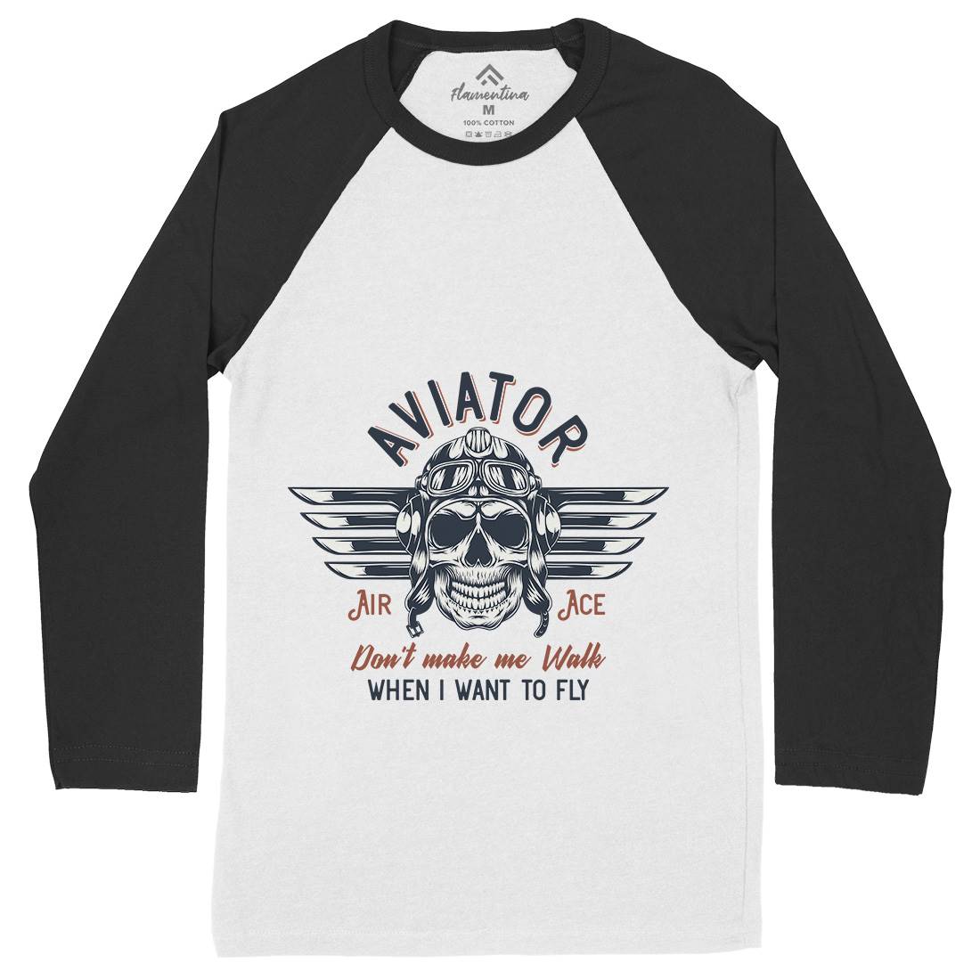 Aviator Skull Mens Long Sleeve Baseball T-Shirt Army D904