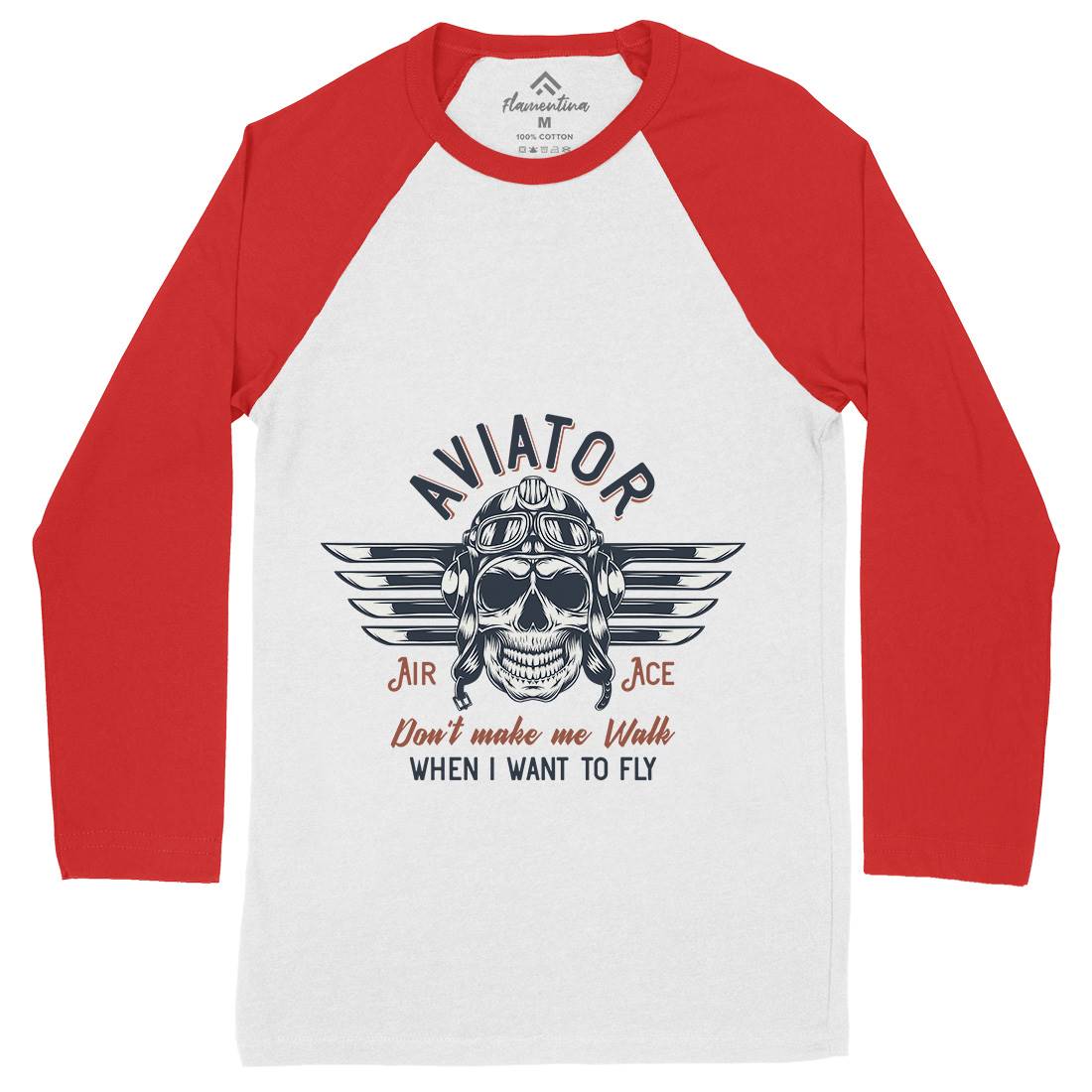 Aviator Skull Mens Long Sleeve Baseball T-Shirt Army D904