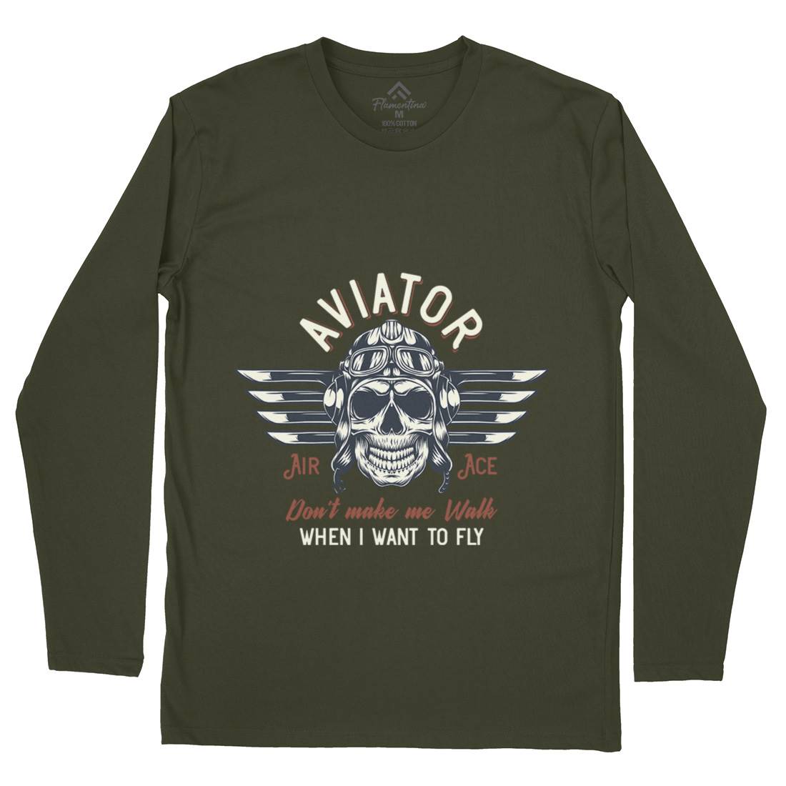 Aviator Skull Mens Long Sleeve T-Shirt Army D904