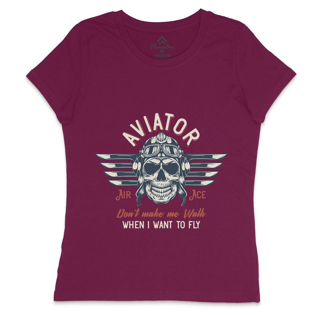 Aviator Skull Womens Crew Neck T-Shirt Army D904