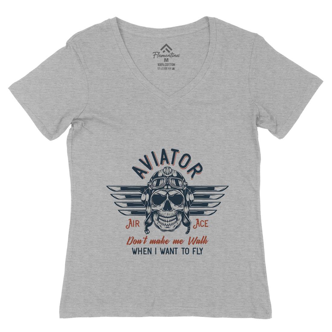 Aviator Skull Womens Organic V-Neck T-Shirt Army D904