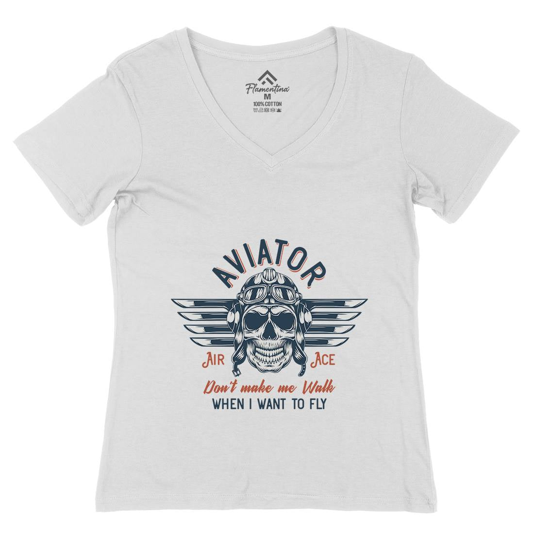 Aviator Skull Womens Organic V-Neck T-Shirt Army D904