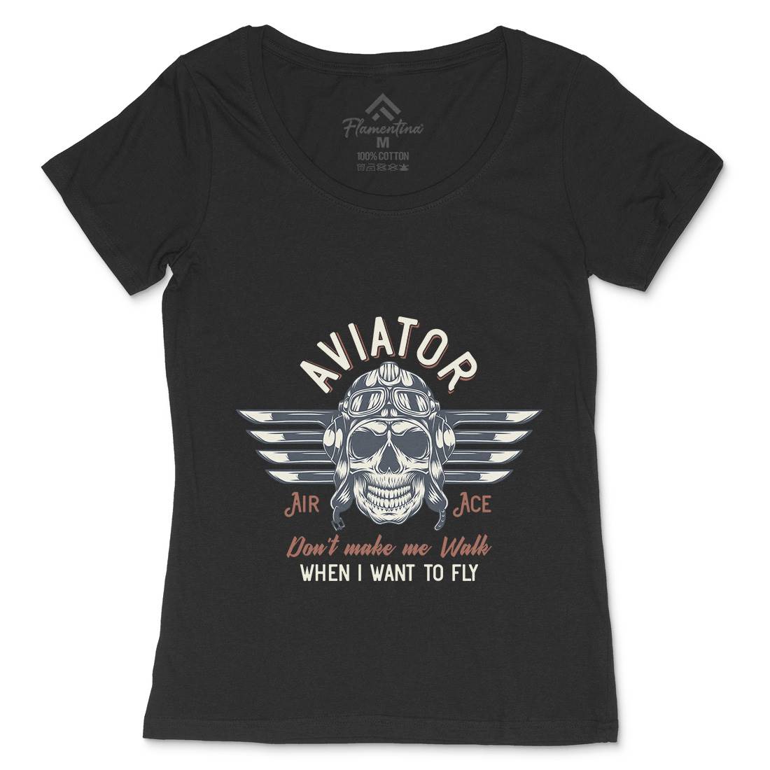 Aviator Skull Womens Scoop Neck T-Shirt Army D904