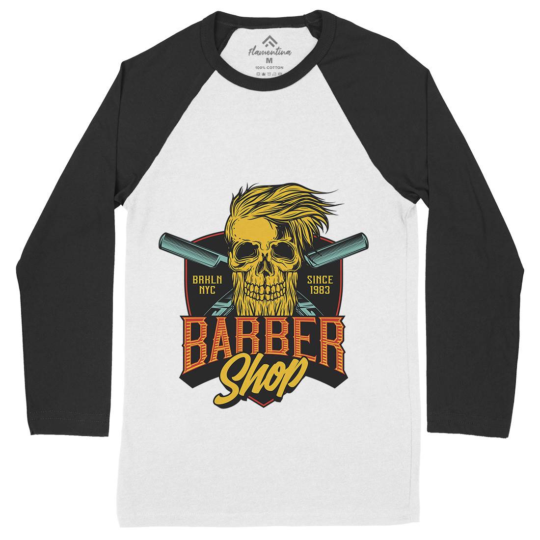 Skull Shop Mens Long Sleeve Baseball T-Shirt Barber D905