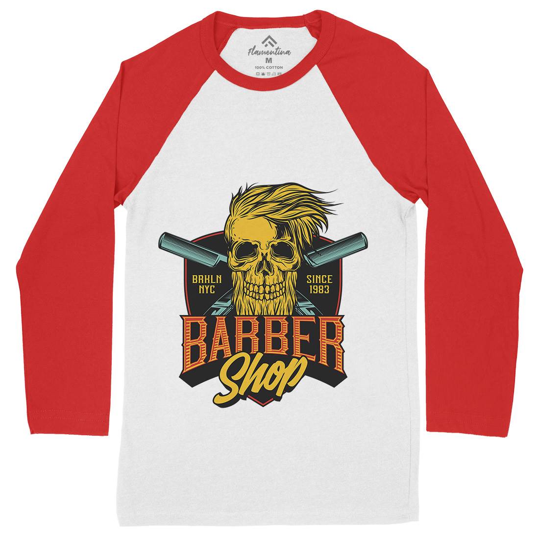 Skull Shop Mens Long Sleeve Baseball T-Shirt Barber D905