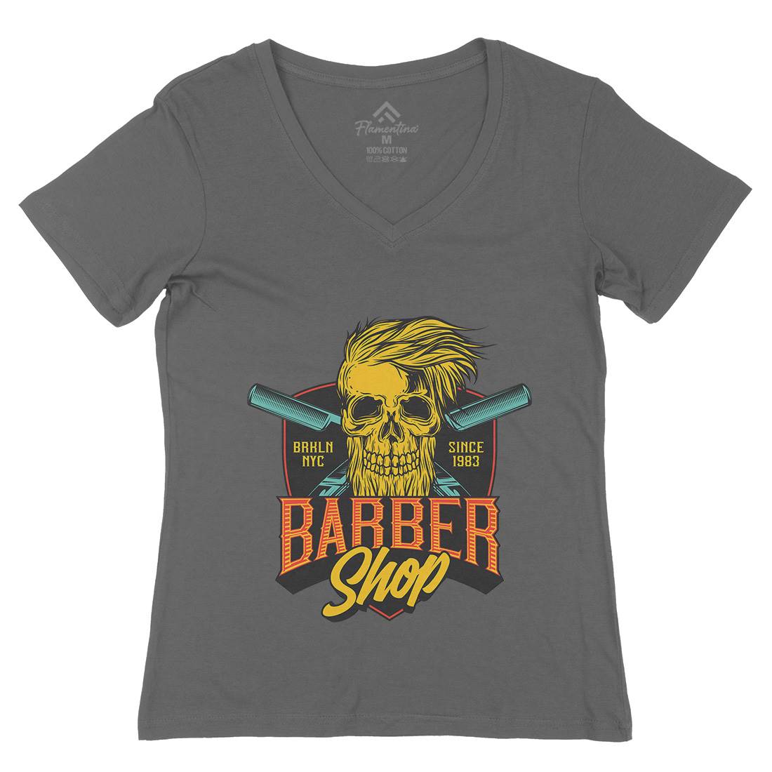 Skull Shop Womens Organic V-Neck T-Shirt Barber D905