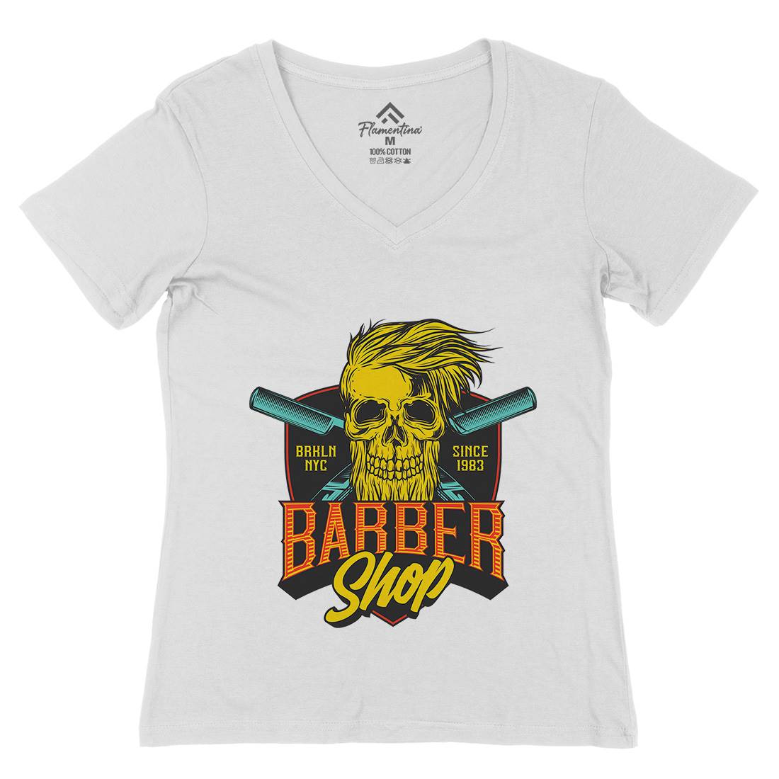 Skull Shop Womens Organic V-Neck T-Shirt Barber D905