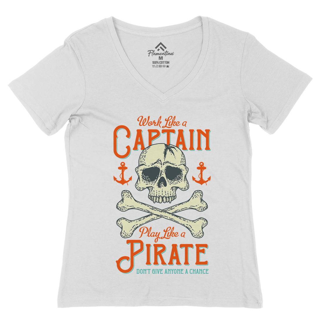 Captain Pirate Womens Organic V-Neck T-Shirt Navy D915