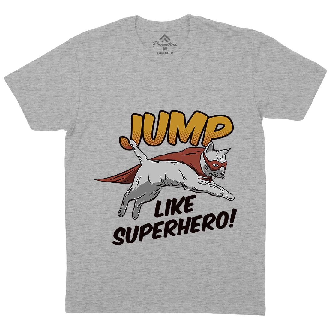 Cat Jump Superhero Mens Organic Crew Neck T-Shirt Animals D916