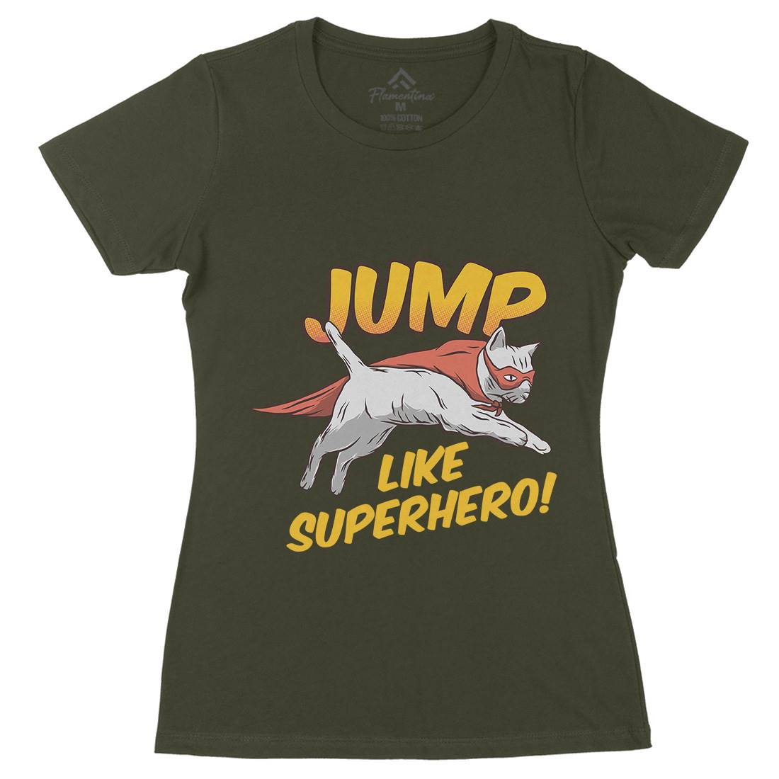 Cat Jump Superhero Womens Organic Crew Neck T-Shirt Animals D916