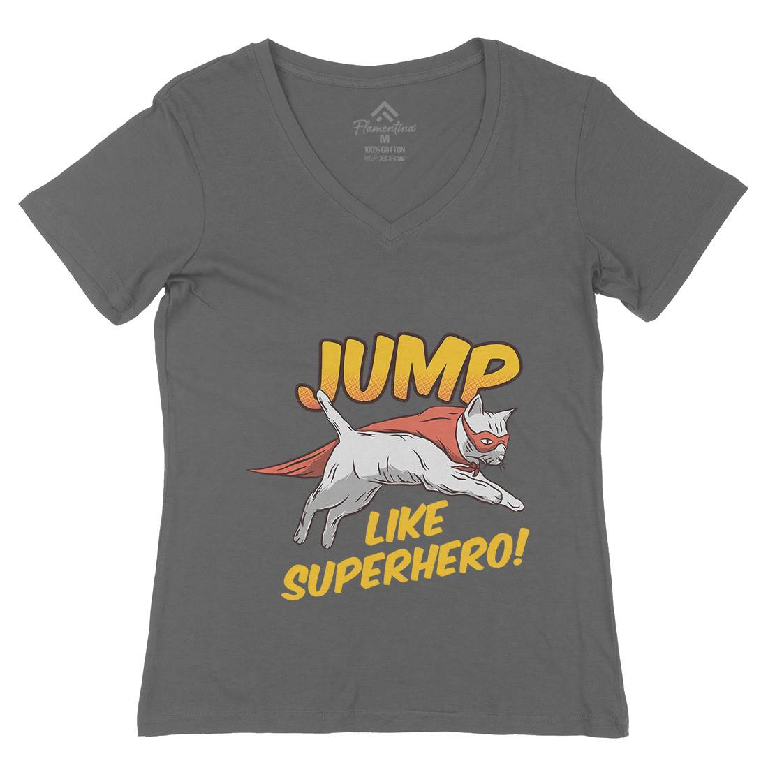 Cat Jump Superhero Womens Organic V-Neck T-Shirt Animals D916
