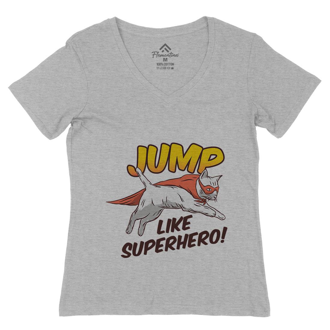 Cat Jump Superhero Womens Organic V-Neck T-Shirt Animals D916