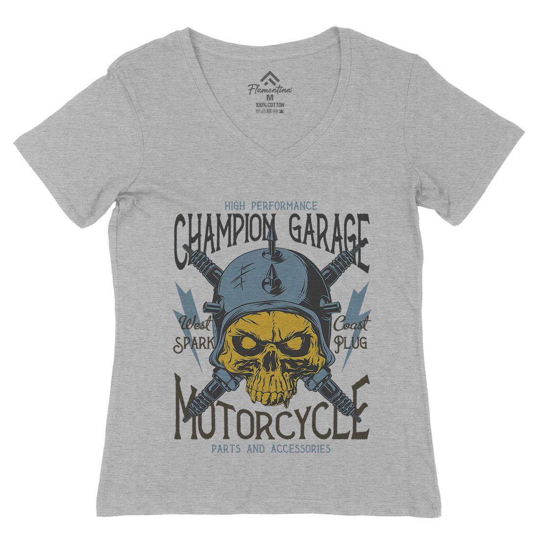 Champion Garage Womens Organic V-Neck T-Shirt Motorcycles D917