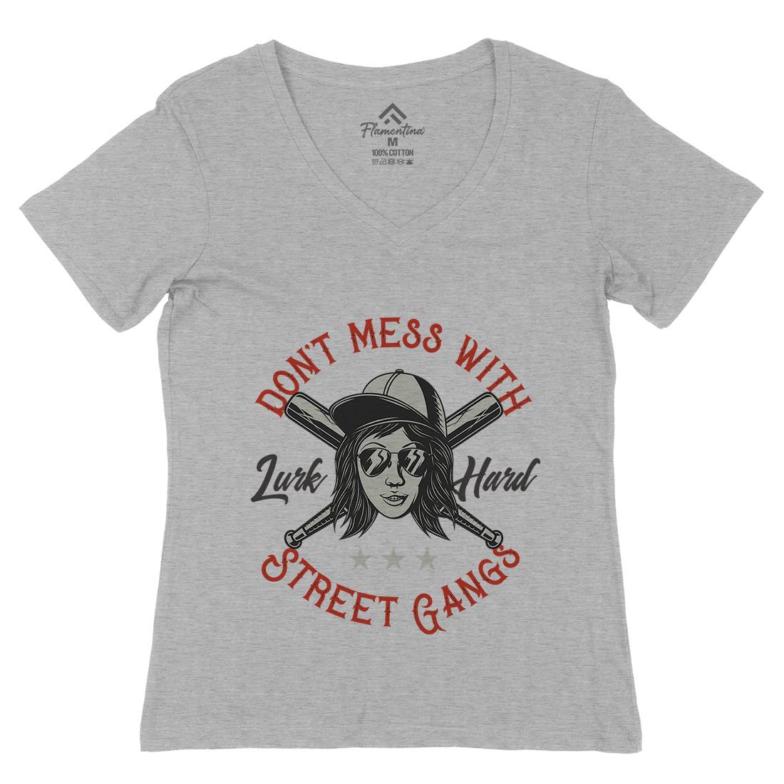 Don&#39;t Mess Street Gangs Womens Organic V-Neck T-Shirt Retro D926
