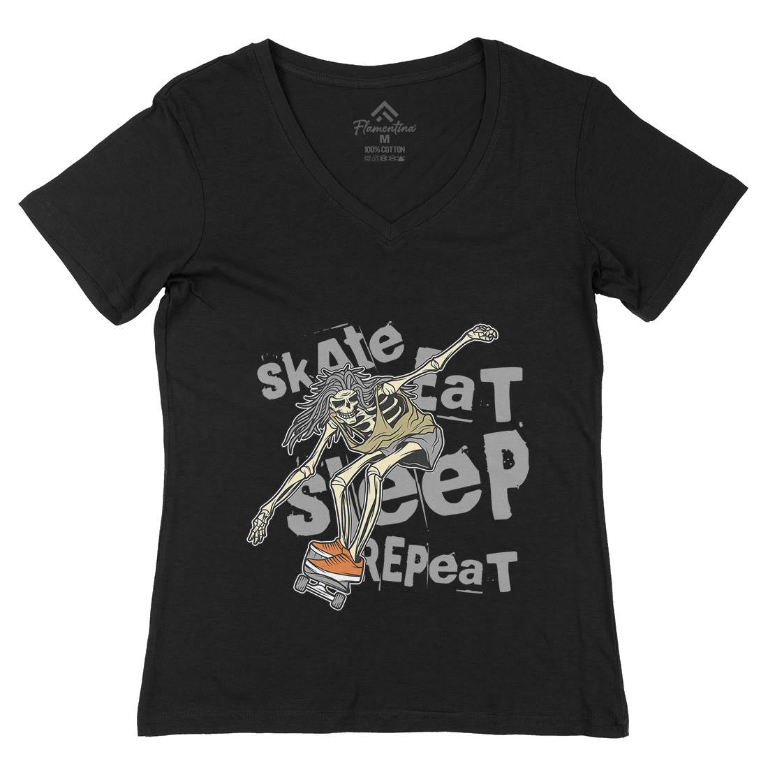 Skeleton Womens Organic V-Neck T-Shirt Skate D930