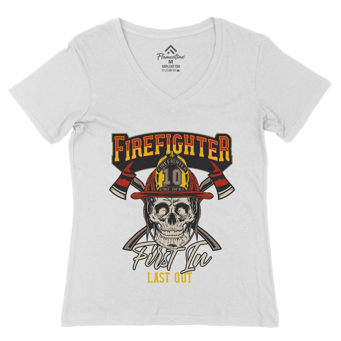 First In Last Out Womens Organic V-Neck T-Shirt Firefighters D933