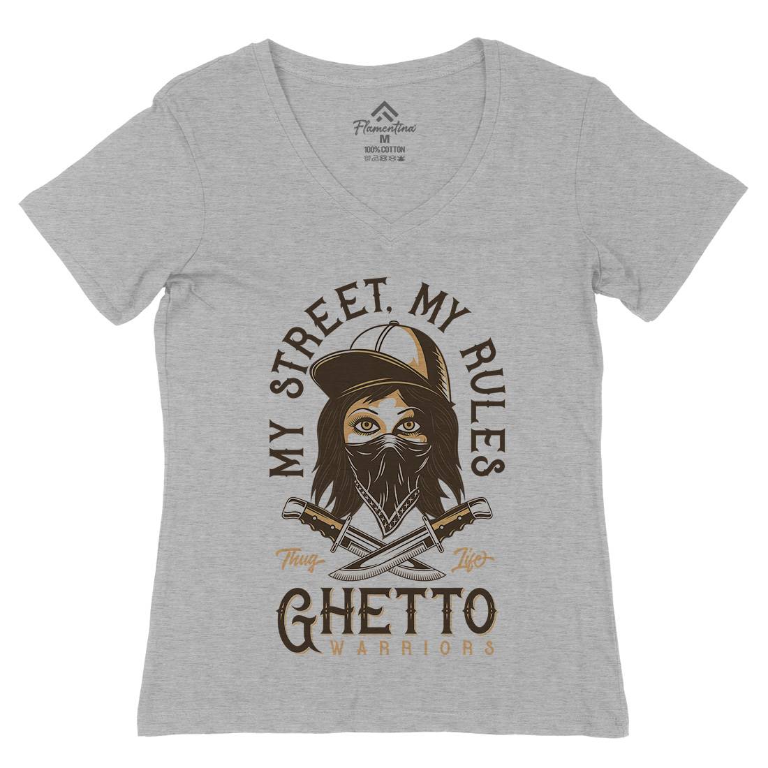 Ghetto Warriors Womens Organic V-Neck T-Shirt Retro D938