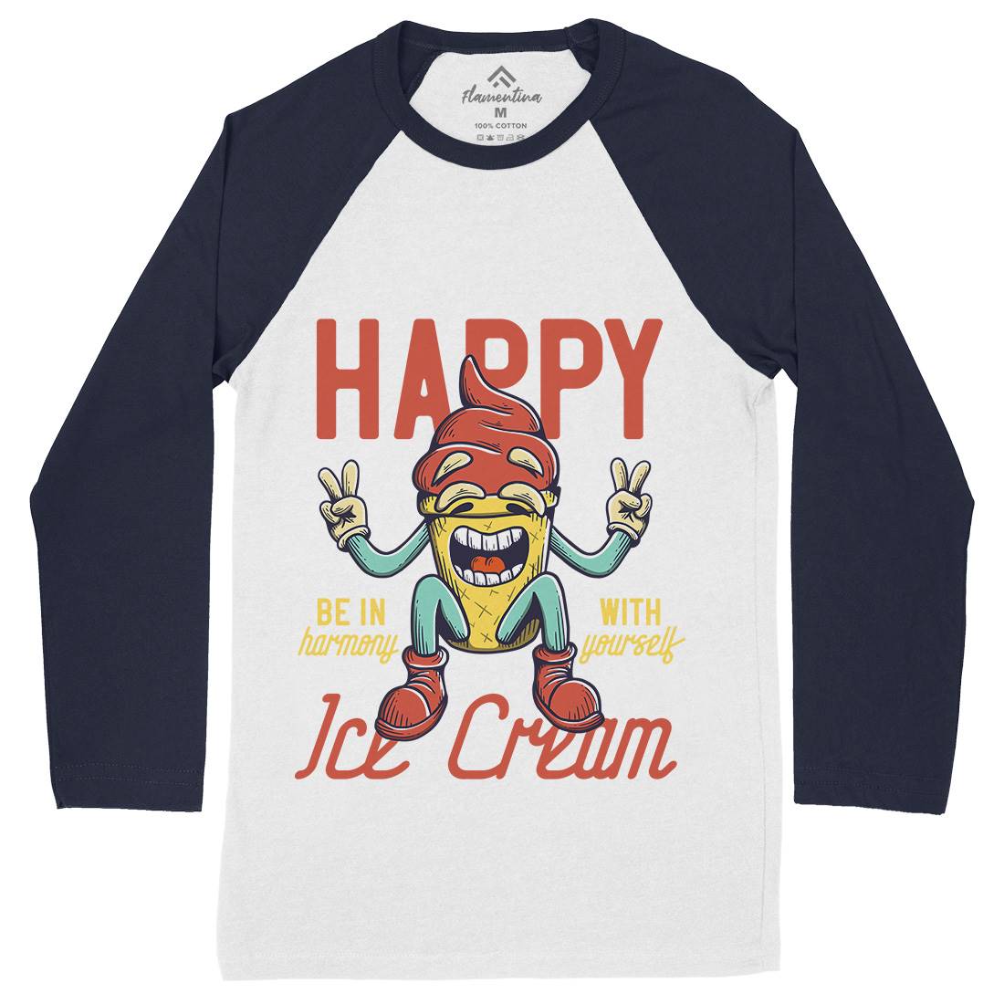 Happy Ice Cream Mens Long Sleeve Baseball T-Shirt Food D940