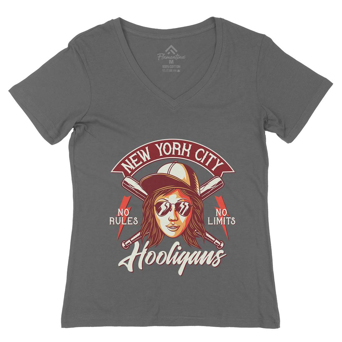 Hooligans New York Womens Organic V-Neck T-Shirt Retro D947