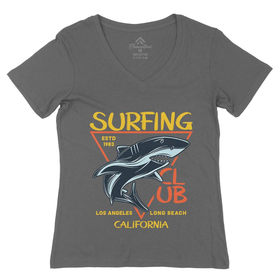 Shark Surfing Club Womens Organic V-Neck T-Shirt Navy D968