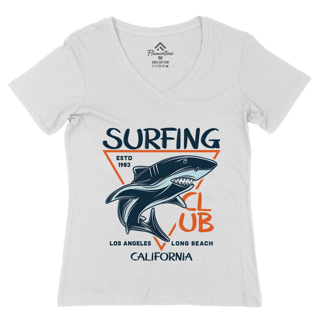 Shark Surfing Club Womens Organic V-Neck T-Shirt Navy D968