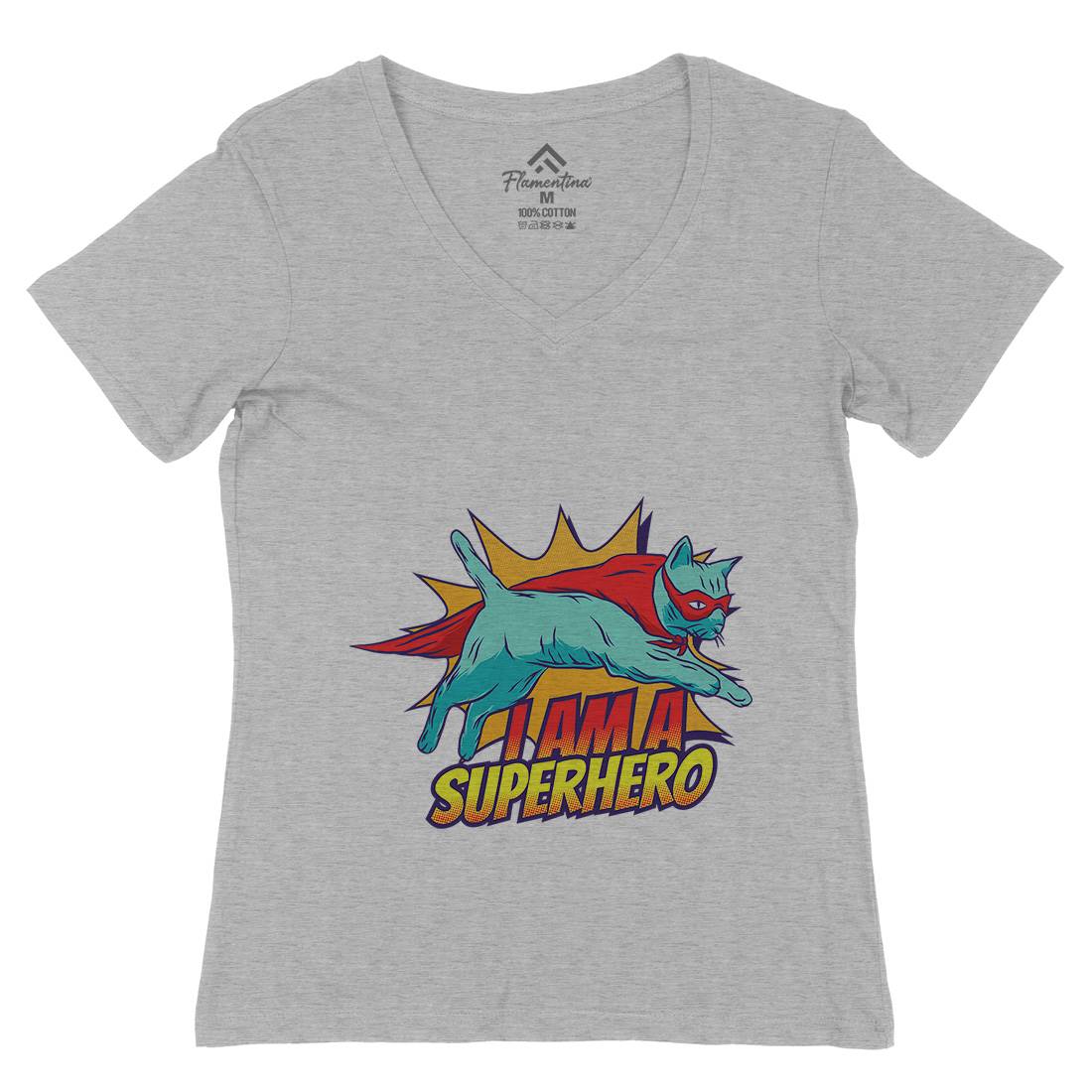 Superhero Cat Womens Organic V-Neck T-Shirt Animals D987