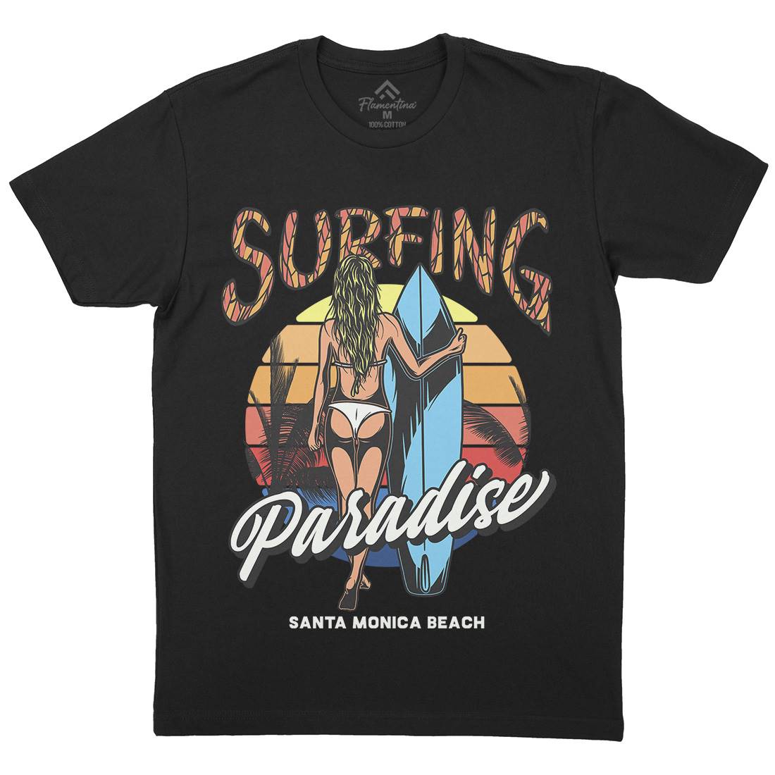 Surfing Paradise Santa Monica Mens Organic Crew Neck T-Shirt Surf D991