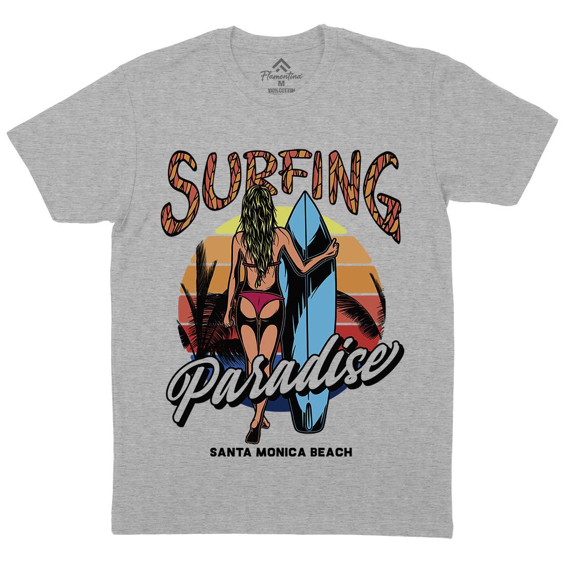 Surfing Paradise Santa Monica Mens Organic Crew Neck T-Shirt Surf D991