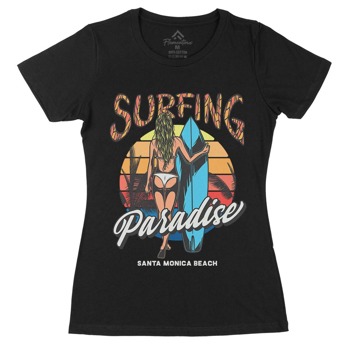 Surfing Paradise Santa Monica Womens Organic Crew Neck T-Shirt Surf D991