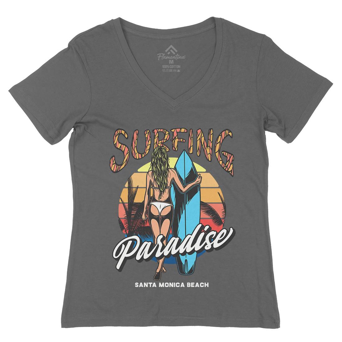 Surfing Paradise Santa Monica Womens Organic V-Neck T-Shirt Surf D991