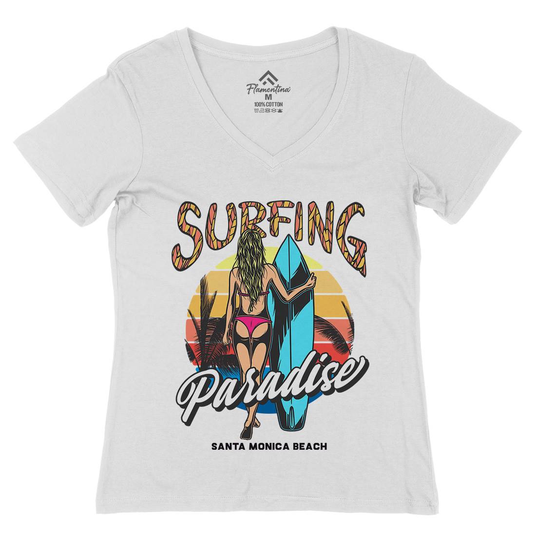 Surfing Paradise Santa Monica Womens Organic V-Neck T-Shirt Surf D991