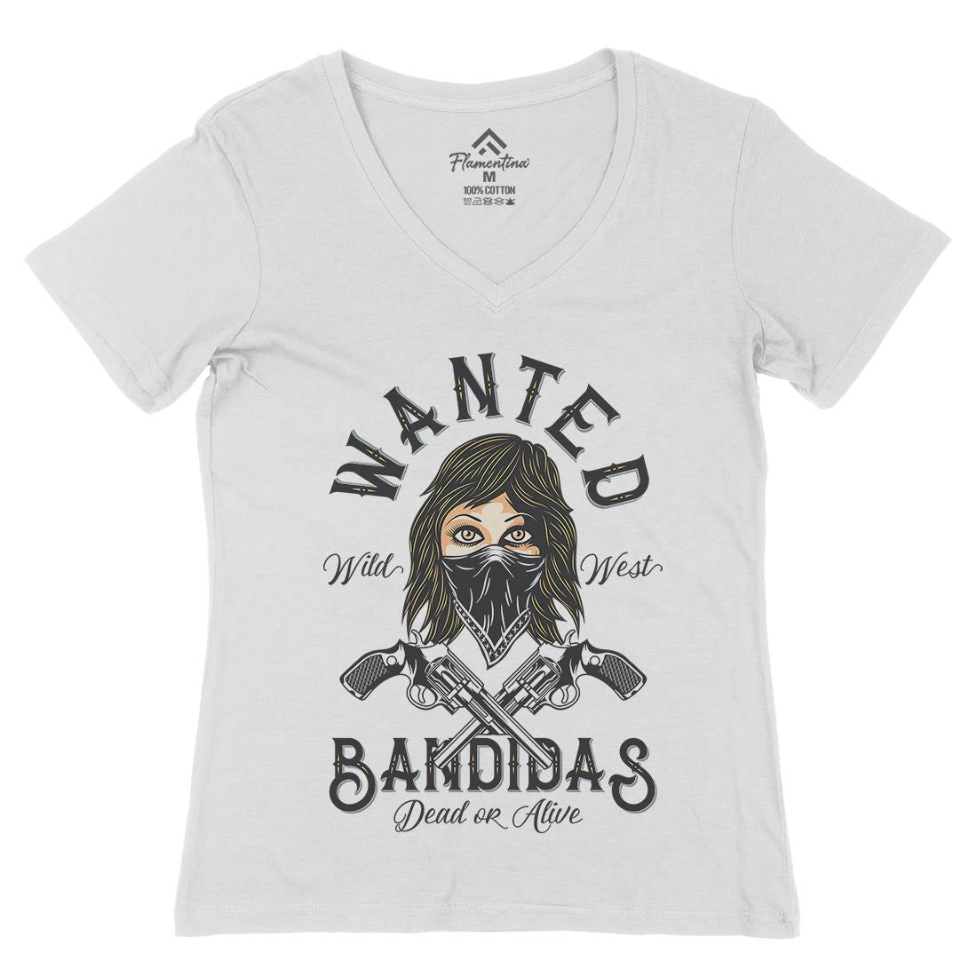 Wanted Bandidas Womens Organic V-Neck T-Shirt Retro D995
