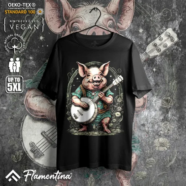 Floral Pig Playing Banjo T-Shirt - Image 5