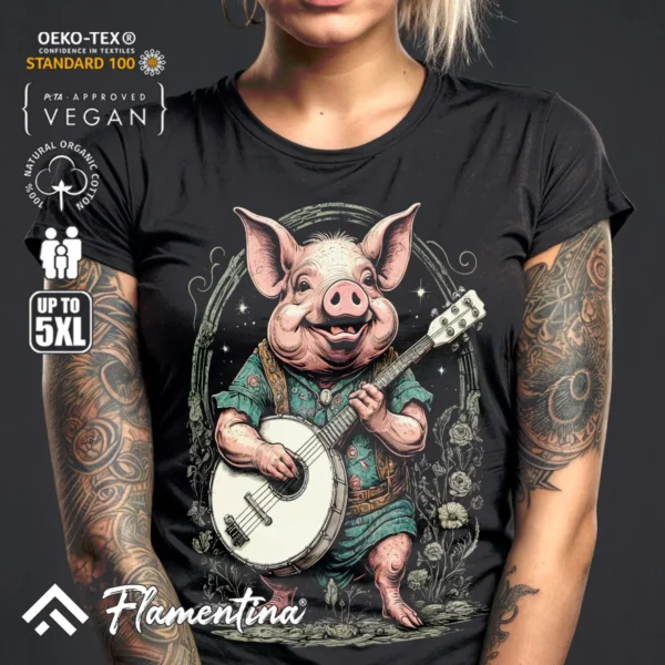 Floral Pig Playing Banjo T-Shirt - Image 3